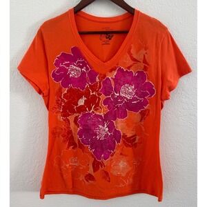 Just My Size Hanes Top Orange & Pink Women's 1X 16W Plus Tee Glitter Floral